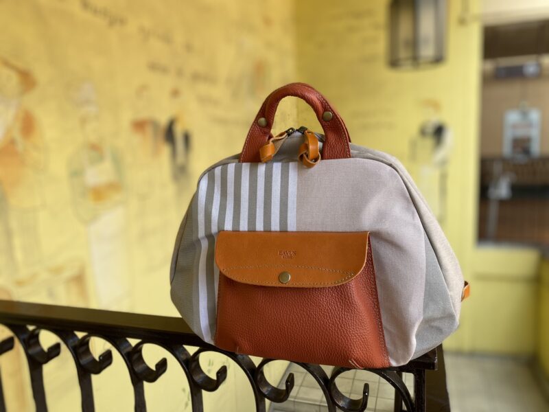 フランス製綿ストライプ × ナイロン × レザー リュック&トート