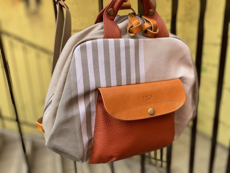 フランス製綿ストライプ × ナイロン × レザー リュック&トート