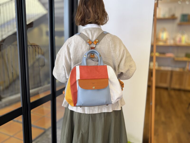 フランス綿ストライプ × ナイロン × レザー リュック&トート