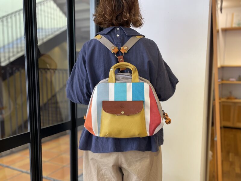 フランス綿ストライプ × ナイロン × レザー リュック&トート