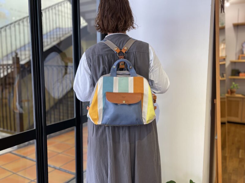 フランス製綿ストライプ × ナイロン × レザー リュック&トート