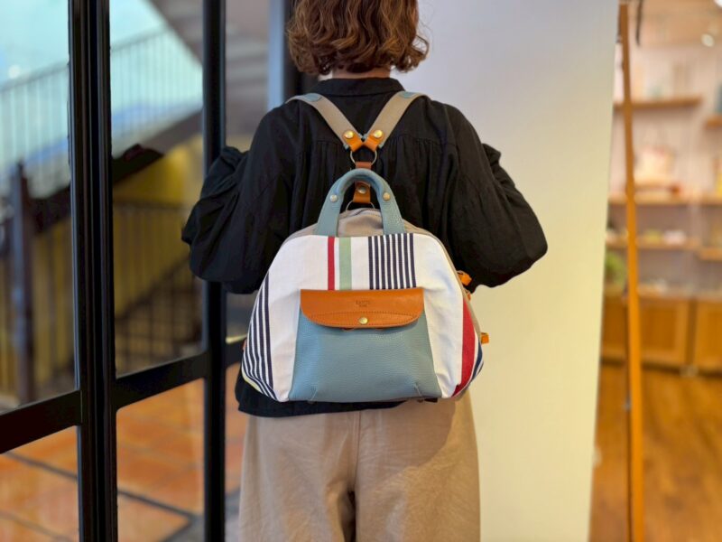 フランス製綿ストライプ × ナイロン × レザー リュック&トート