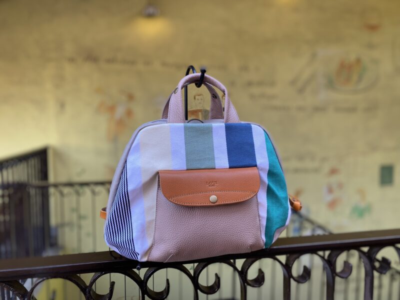 フランス製綿ストライプ × ナイロン × レザー リュック&トート