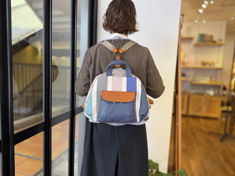 フランス製綿ストライプ × ナイロン × レザー リュック&トート
